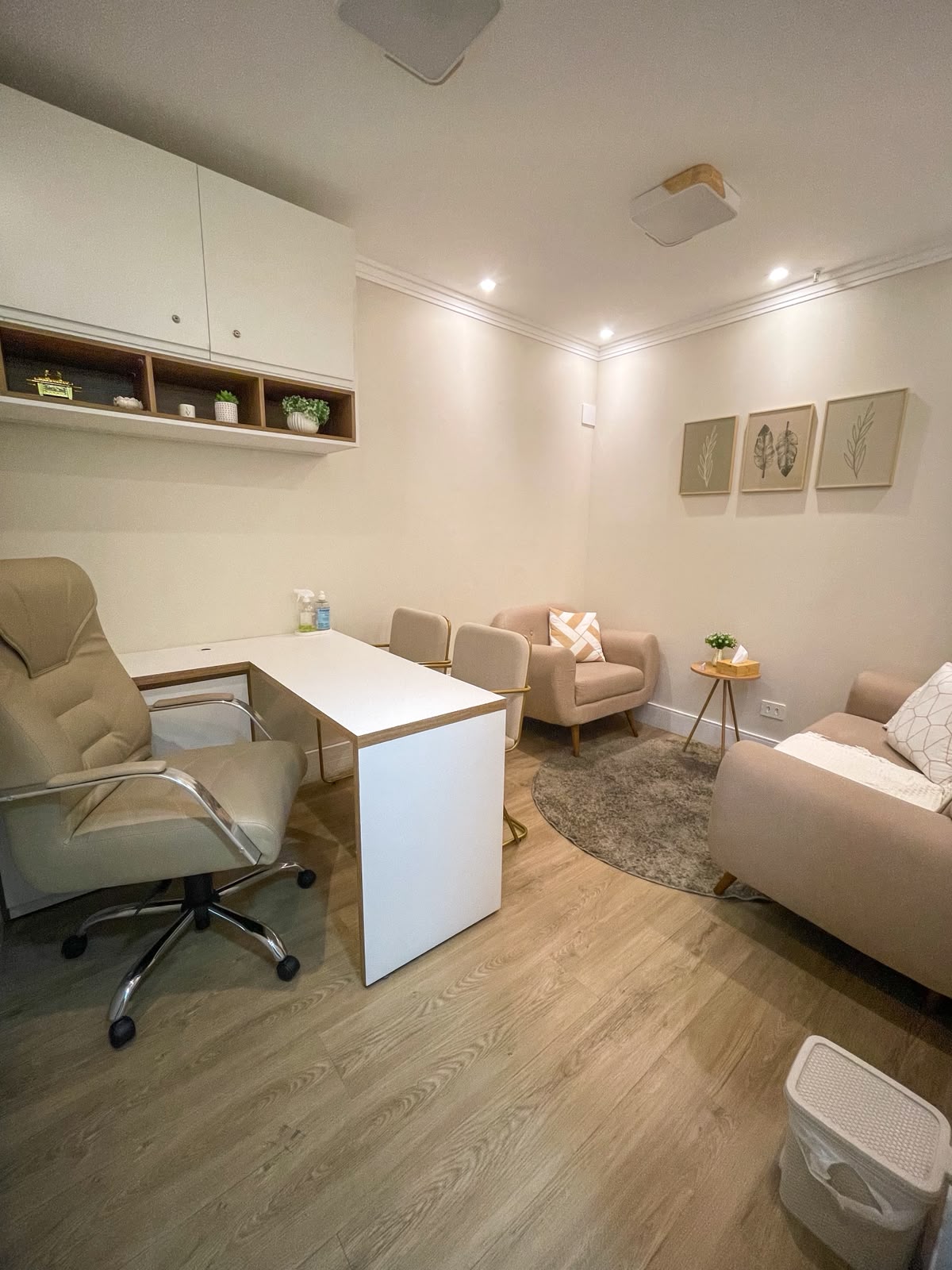 Consultório com mesa de atendimento e poltronas acolhedoras
